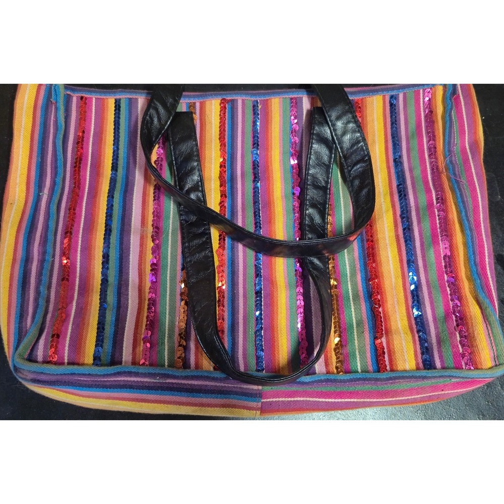 Boho‎ Multi Color Striped Sequin Tote Bag Woven Fabric Shoulder Bag Large